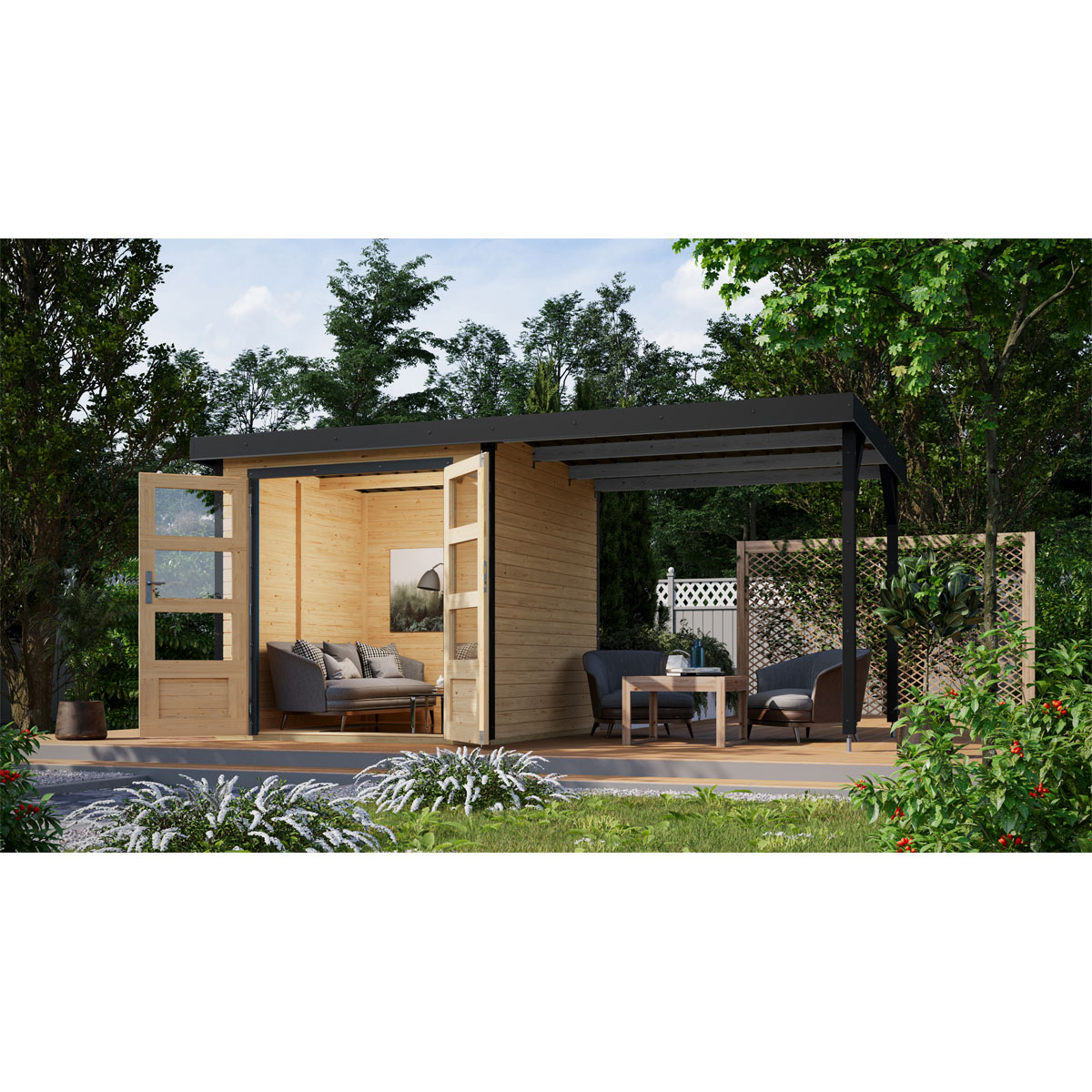 Gartenhaus "Jupiter A" SET naturbelassen / anthrazit, Anbaudach Bild 2