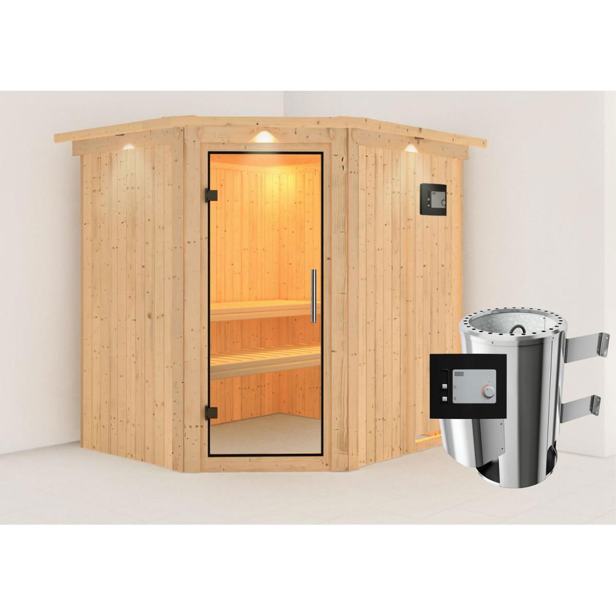 Karibu Sauna Lilja Eckeinstieg 3,6 kW Ofen externe Strg modern mit Kranz Klarglas-Tür Bild 8