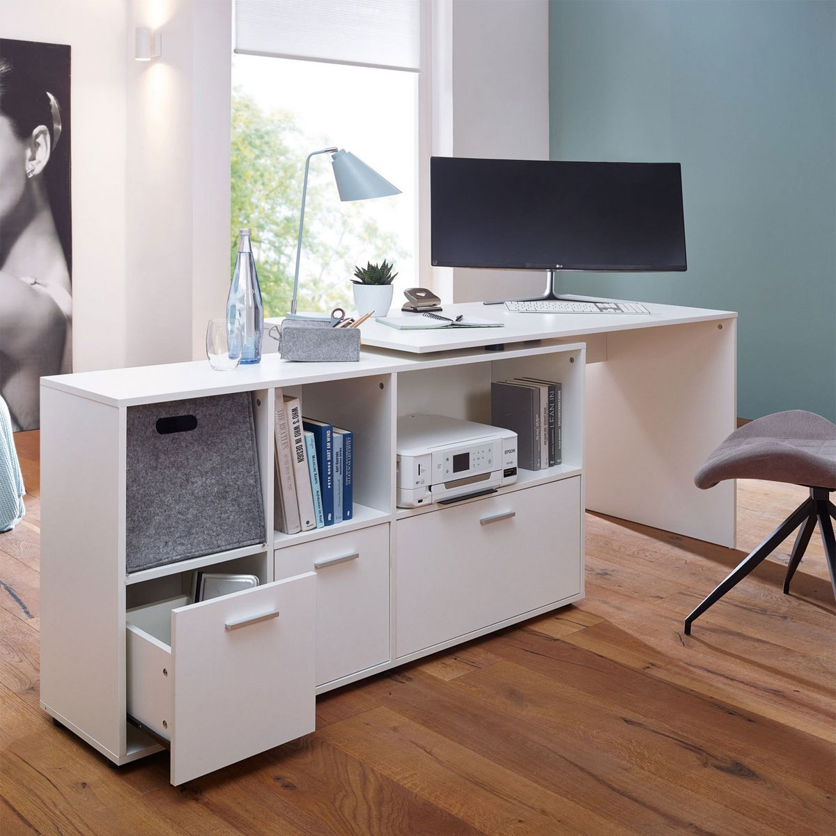 Wohnling Schreibtischkombination, 136x75,5x155,5 cm, weiß Bild 5