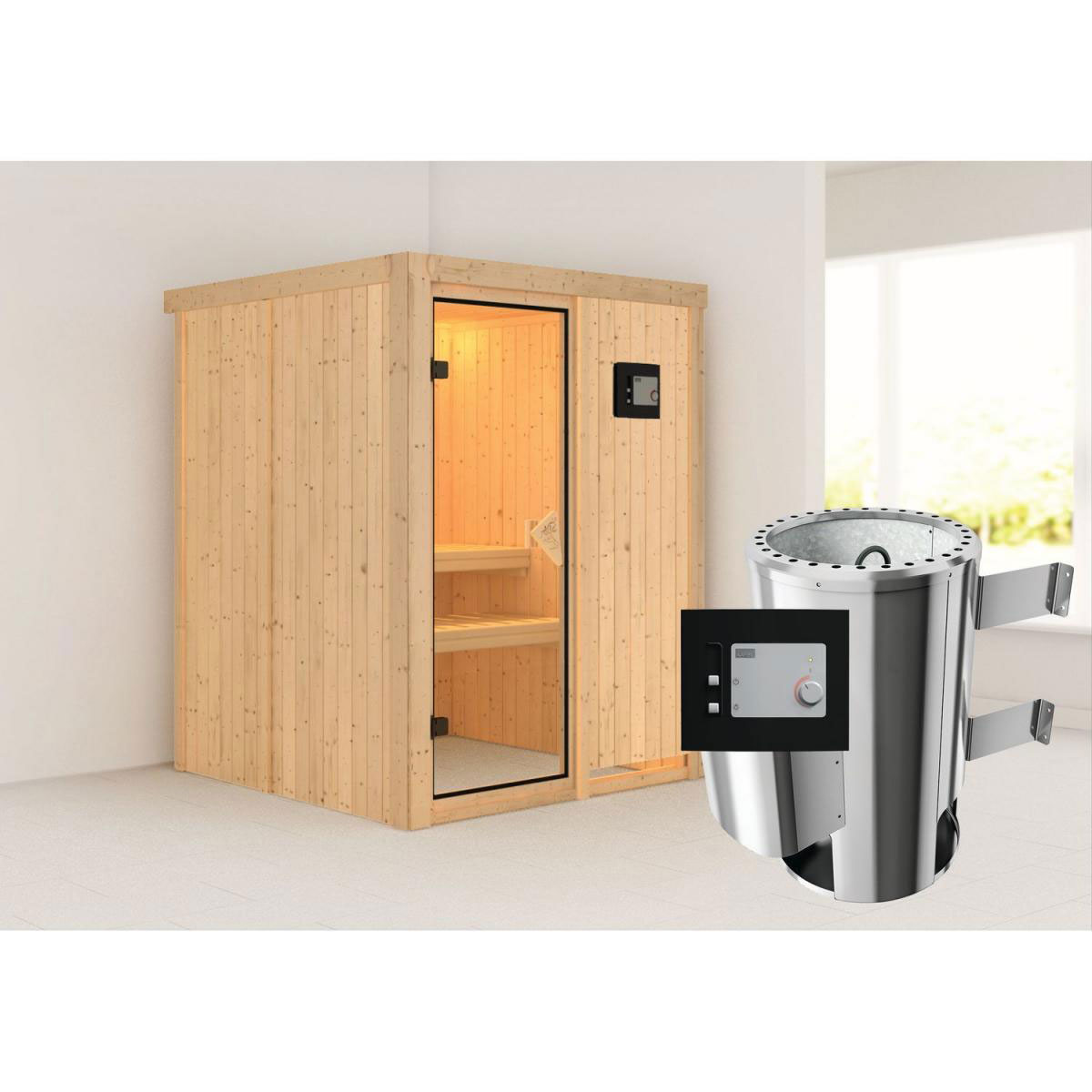 Karibu Systemsauna Minja 68 mm 3,6 kW Ofen externe Strg ohne Kranz Bild 1