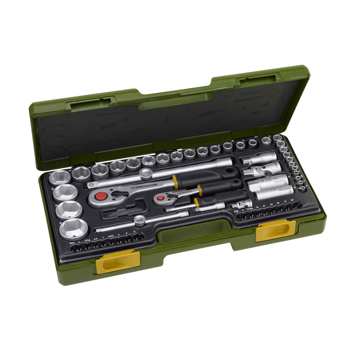 Proxxon Industrial Steckschlüssel-Satz mit Knüppelratsche 1/4 und 1/2 Zoll 65-teilig