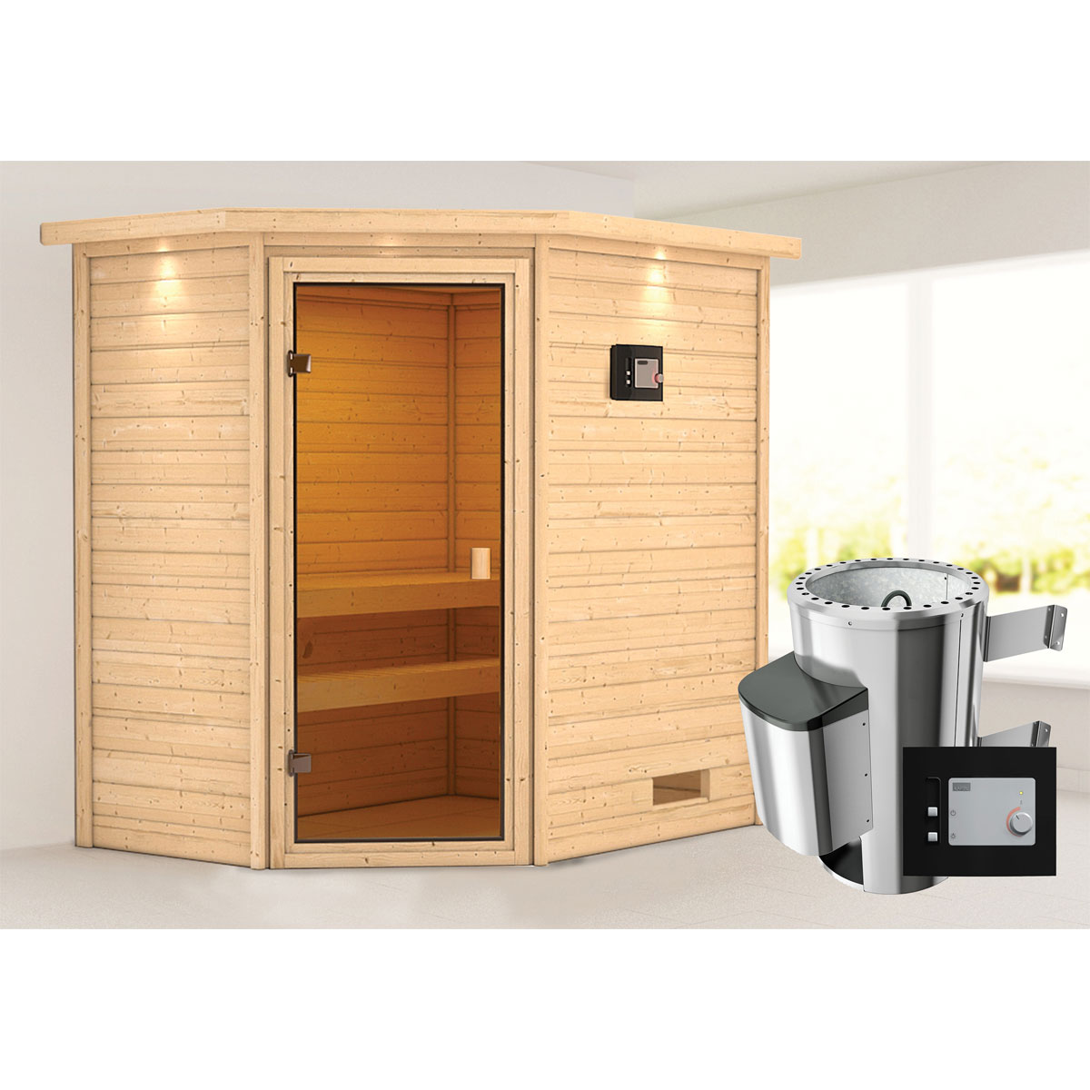 Karibu Sauna Jella 3,6 kW mit Kranz naturbelassen externe Steuerung Bild 1