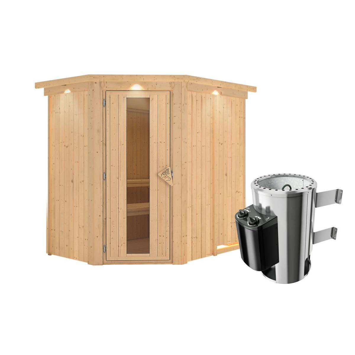 Karibu Sauna Saja Eckeinstieg 3,6 kW Ofen integr Strg mit Kranz Energiespartür Bild 2