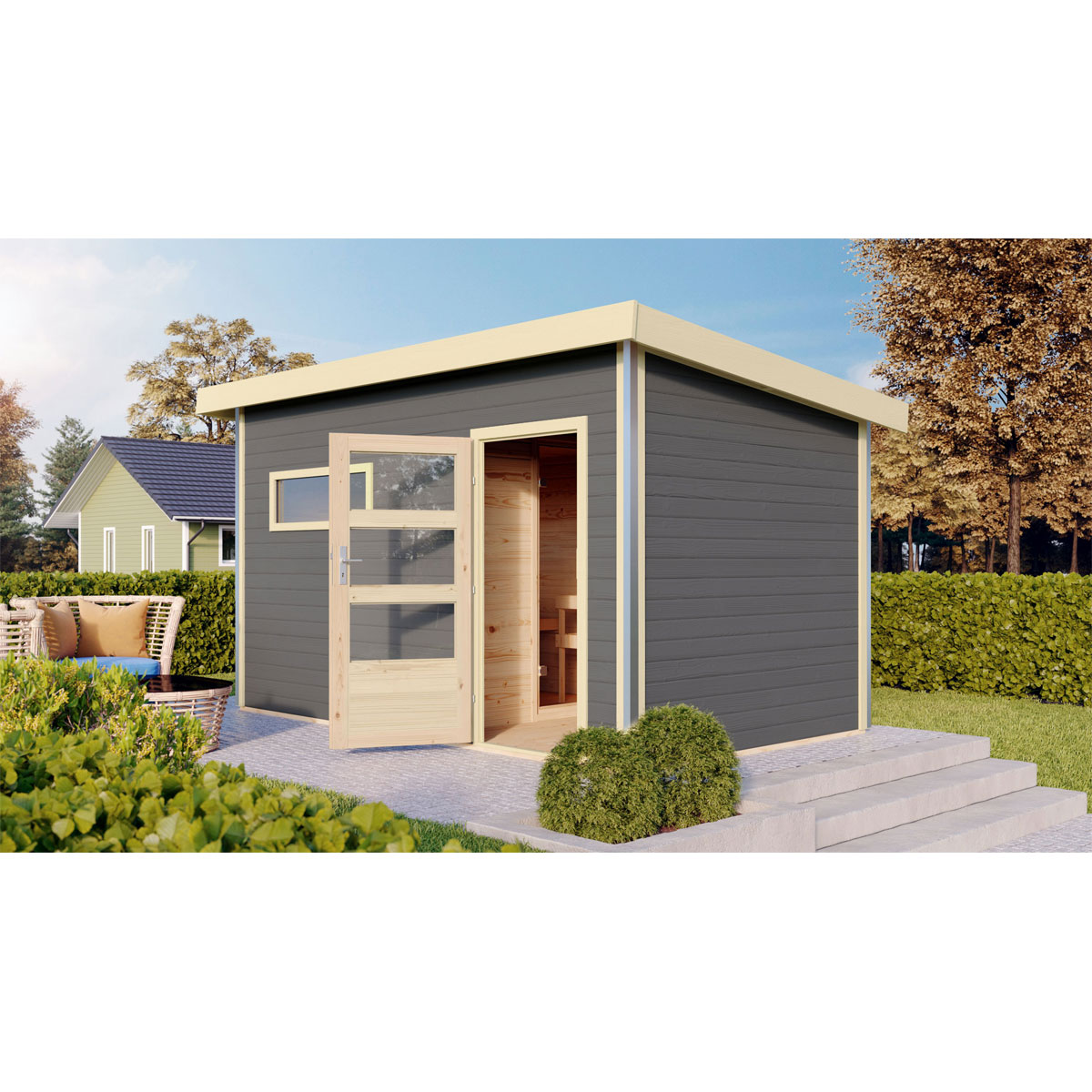 Karibu Saunahaus Skrollan 3 terragrau Bio externe Steuerung Bild 1