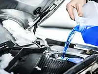 Eine Person füllt blaue Flüssigkeit in einen Autotank ein, während Schnee das Auto bedeckt.