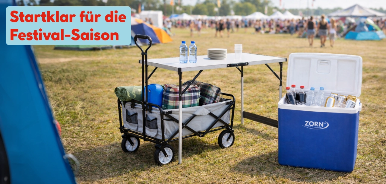 Festivalausstattung mit Bollerwagen, Kühlbox und Campingtisch
