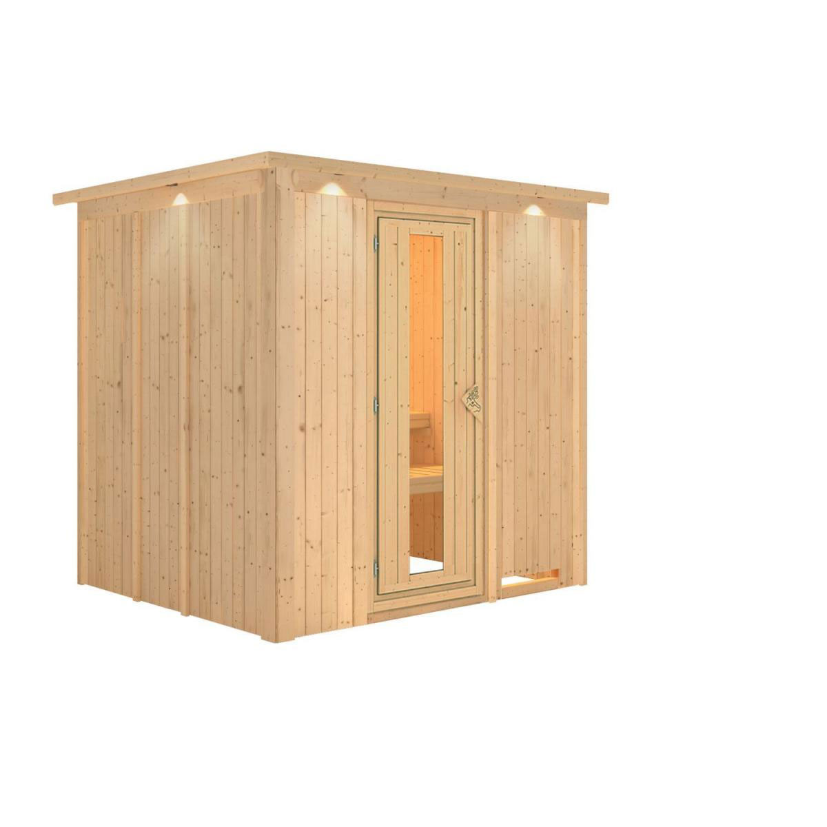 Karibu Sauna Daria Fronteinstieg ohne Ofen mit Kranz Energiespartür Bild 1