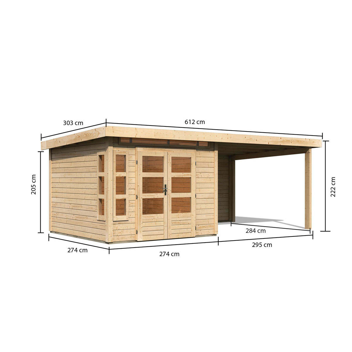 Karibu  Blockbohlenhaus Kastorf 6 naturbelassen mit Anbaudach und Rückwand Bild 2