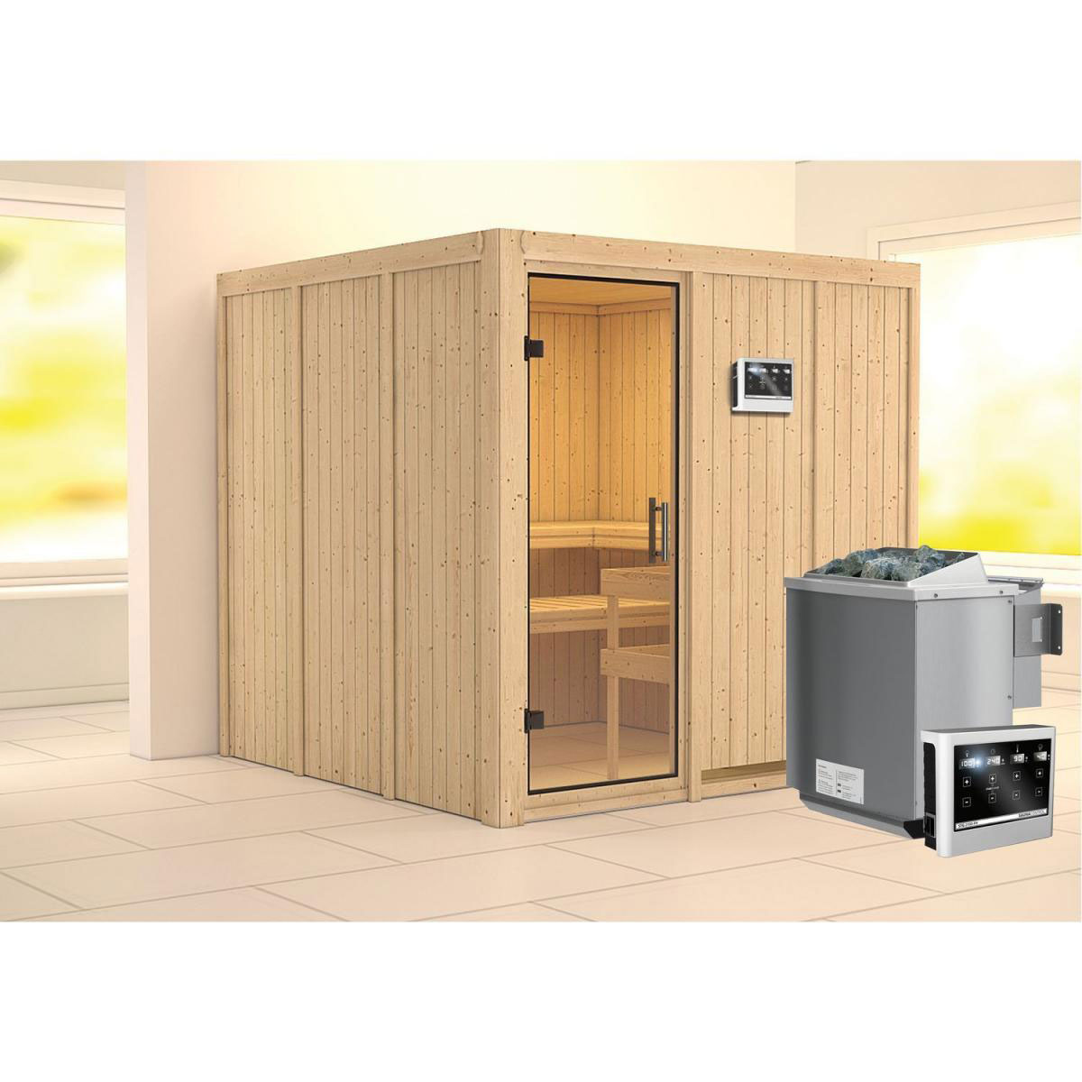 Karibu Sauna Rodin Fronteinstieg 9 kW Bio Ofen kein Kranz Klarglas-Tür Bild 6