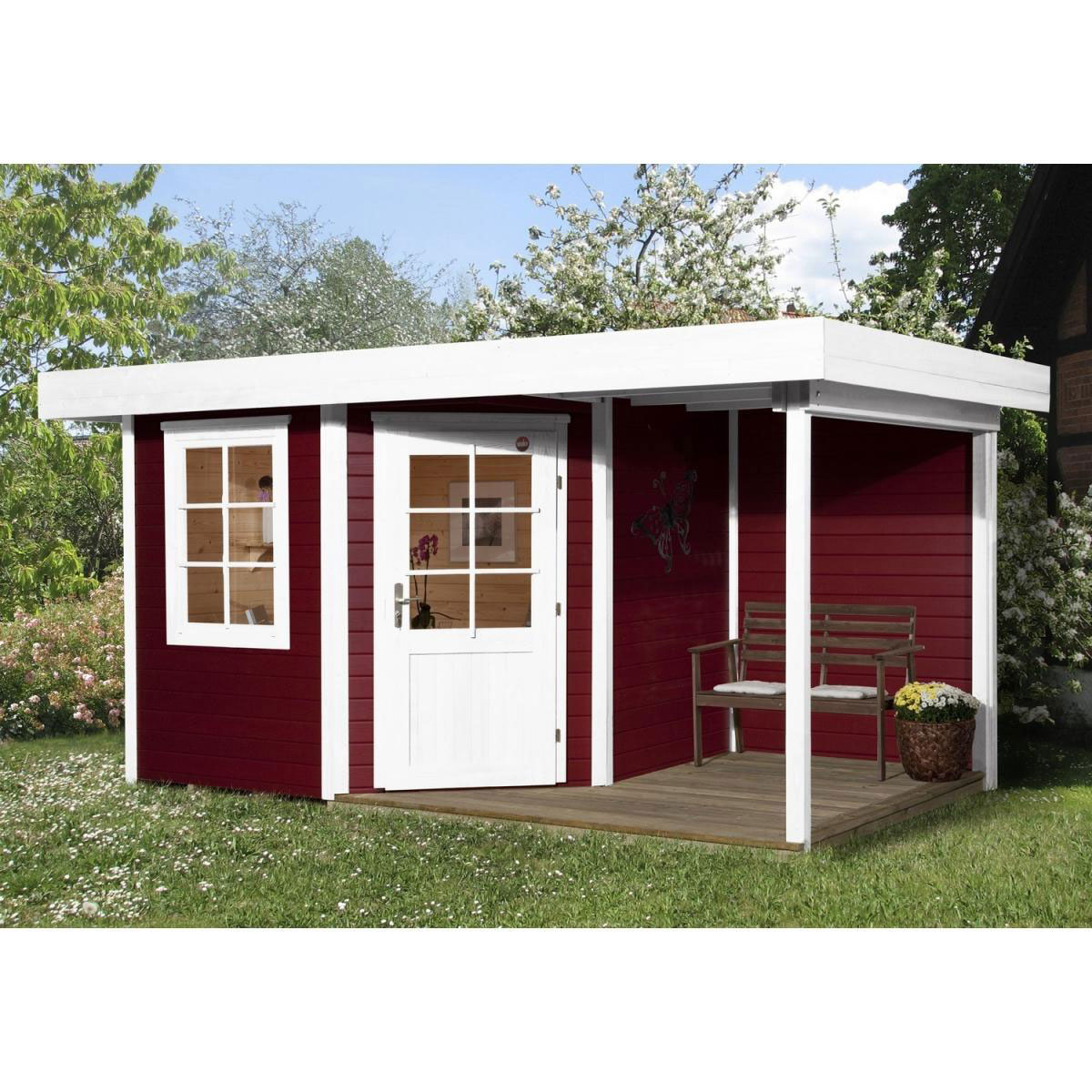 Weka Designhaus 213 A mit Anbau 150 cm 5-Eck 501 x 338 x 237 cm rot Bild 1