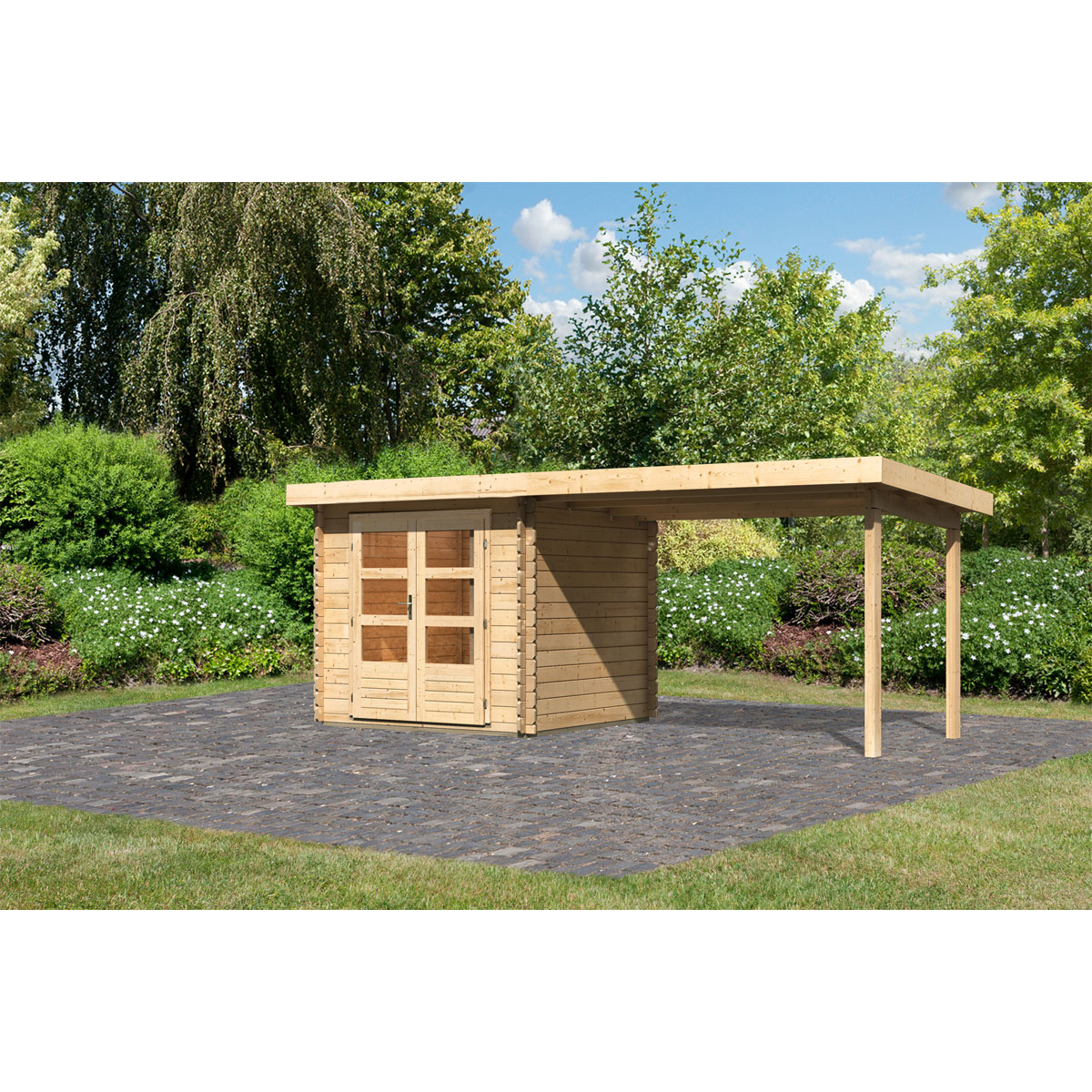 Karibu BBH Bastrup 2 Set mit Anbaudach naturbelassen