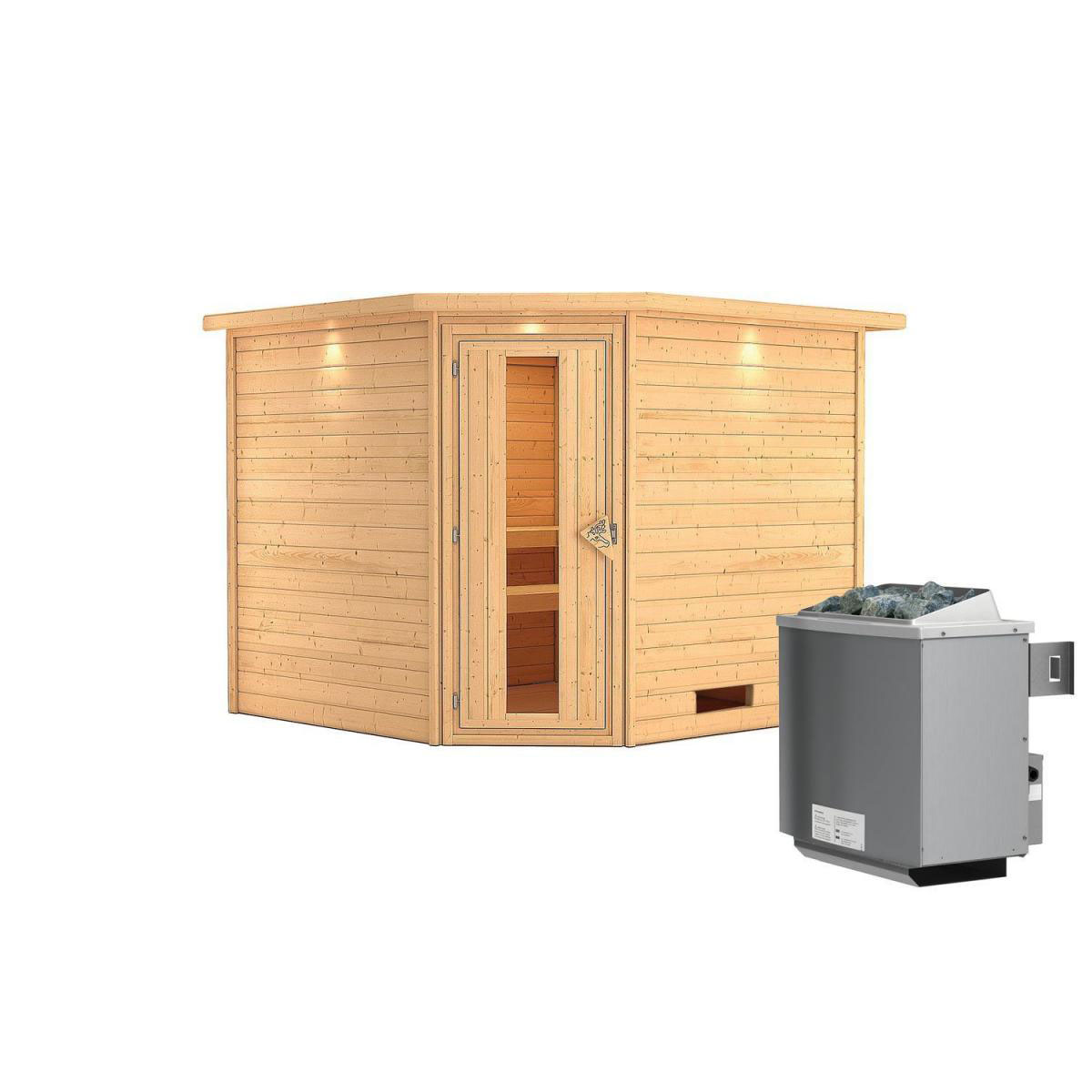 Karibu Sauna Leona Eckeinstieg 9 kW Ofen integr Strg mit Kranz Energiespartür Bild 1