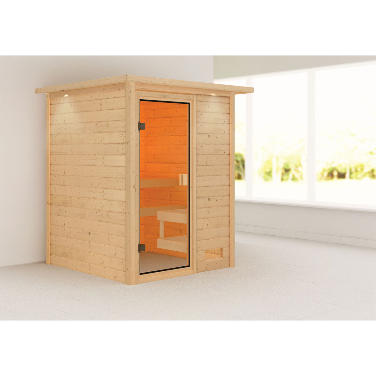 Karibu Sauna Sandra 3,6 kW mit Kranz naturbelassen ohne Ofen