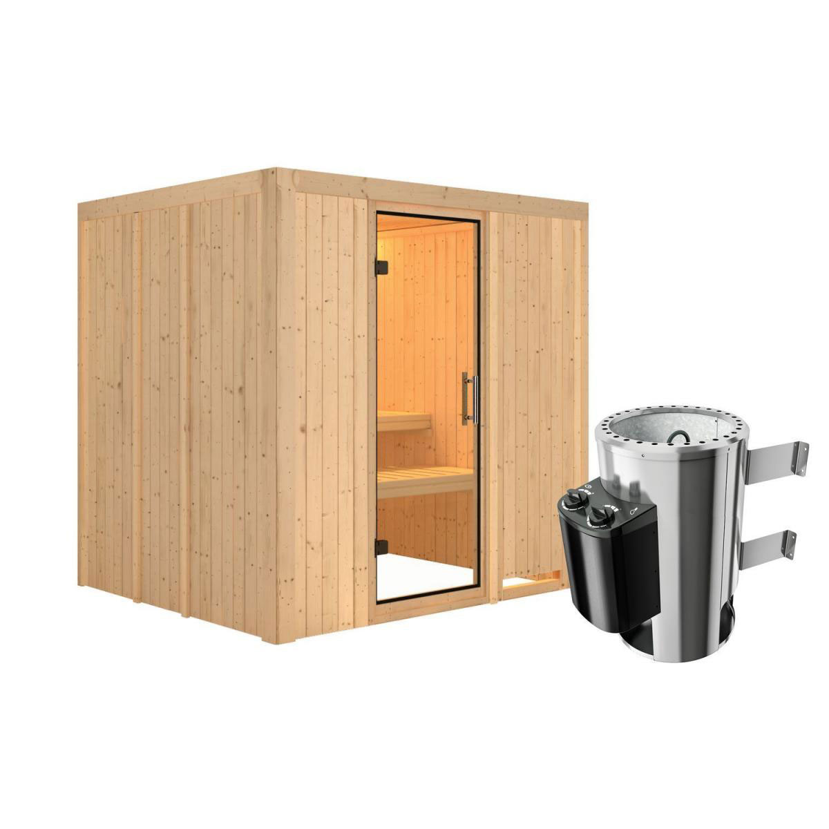 Karibu Sauna Daria Fronteinstieg 3,6 kW Ofen integr Strg kein Kranz Klarglas-Tür Bild 1