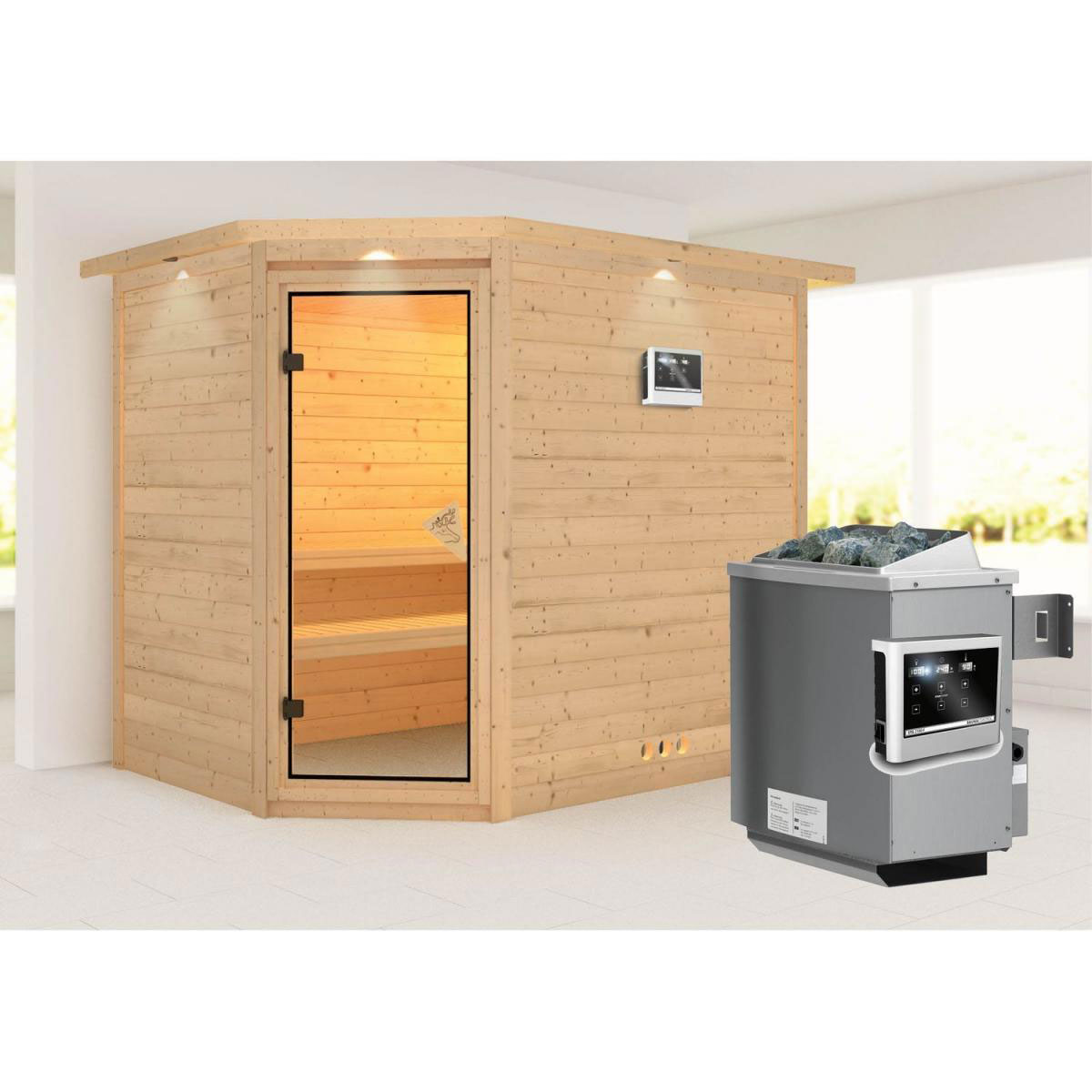 Karibu Massivholzsauna Tanami 40 mm 9 kW Ofen externe Strg modern mit Kranz