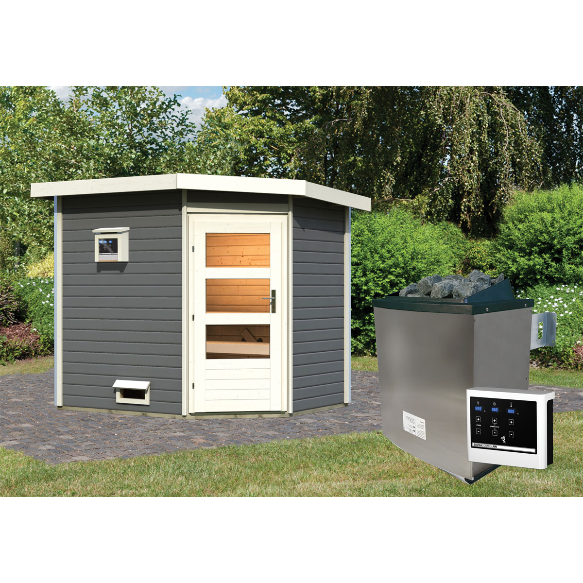 Karibu  Saunahaus- Set „Mikka“ terragrau mit Ofen 9 kW ext. Steuerung Bild 3