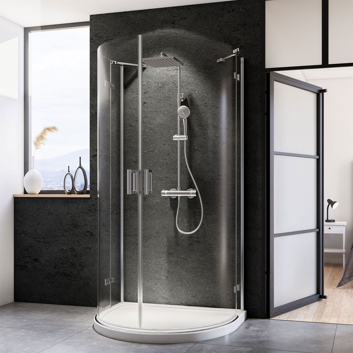 Breuer  Halbrunddusche Panorama Drehtür alleinstehend, Radius 550, alu chromeffekt, Intima, 900/1100 mm Bild 1