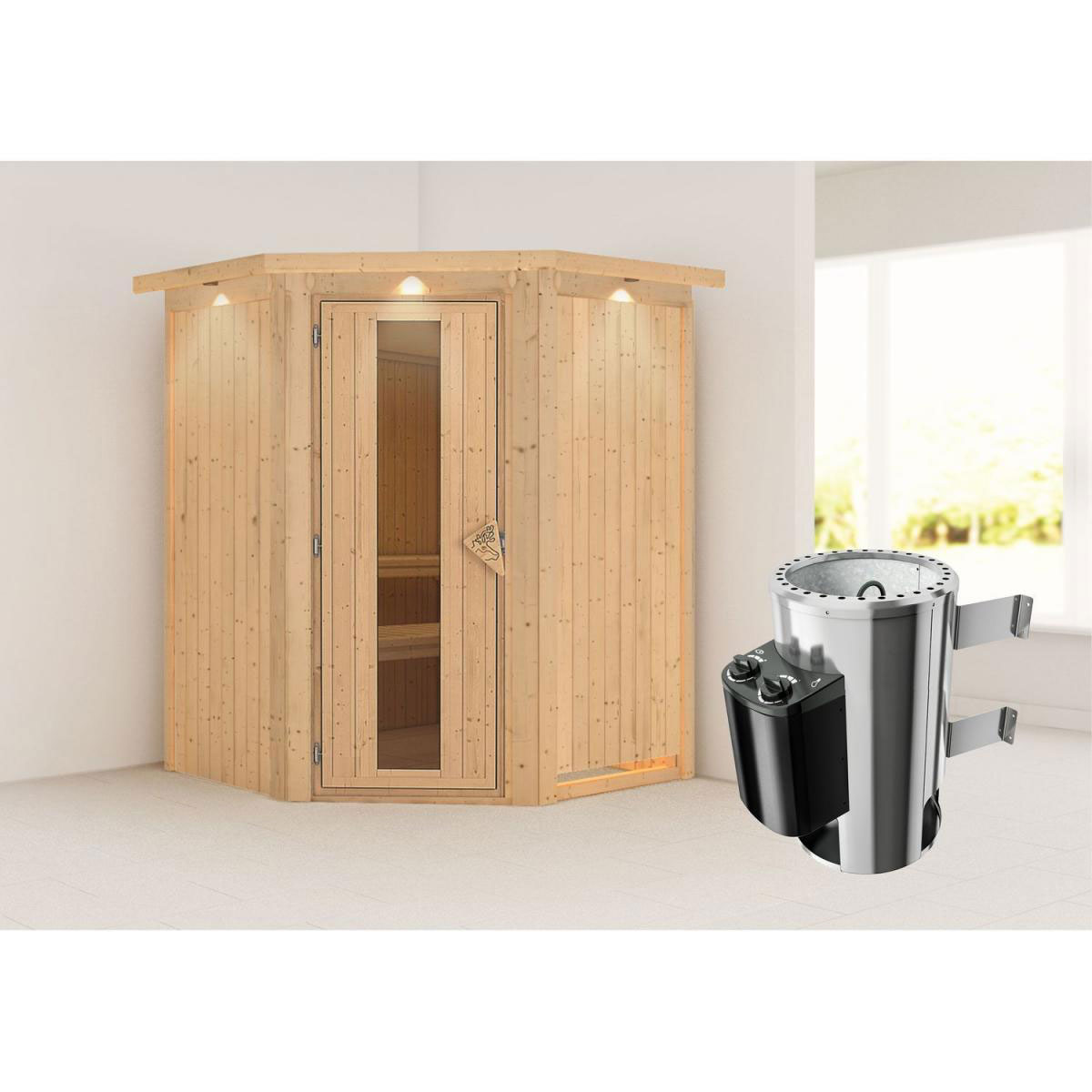 Karibu Sauna Nanja Eckeinstieg 3,6 kW Ofen integr Strg mit Kranz Energiespartür Bild 6