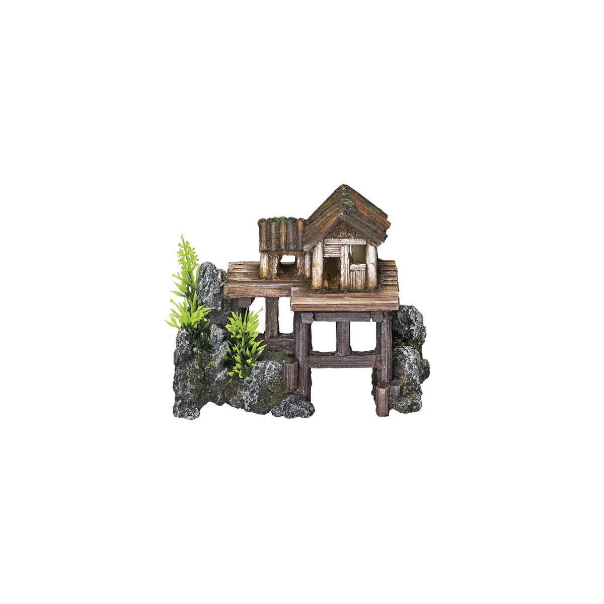 Aqua Ornaments Holzhaus m. Pflanzen15,5x8x12cm