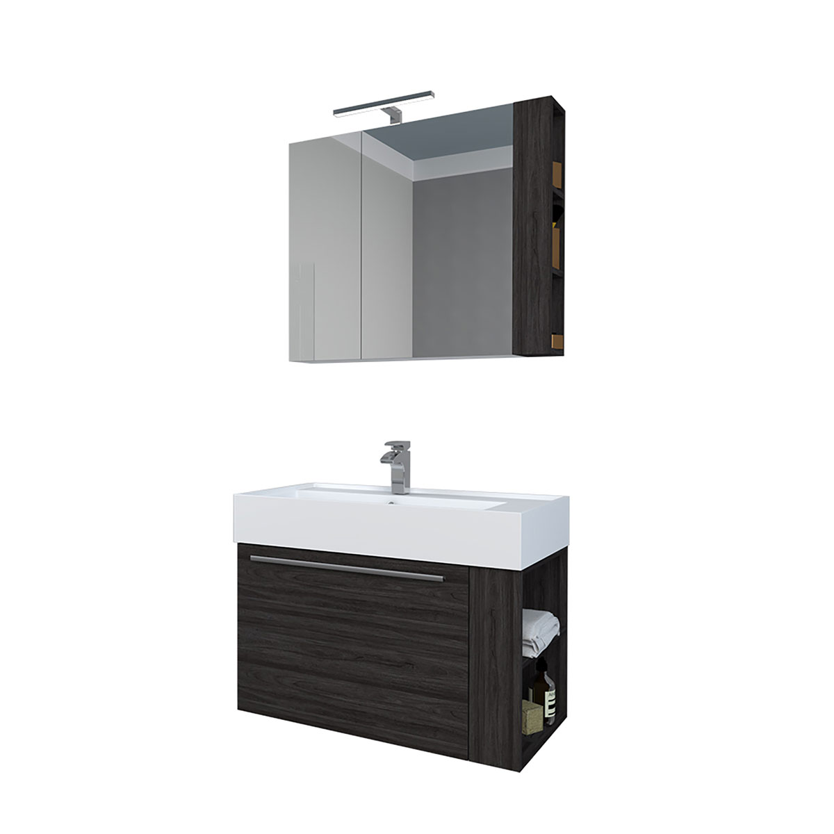 Progetto Idea Stella Badmöbel DOMUS 80 Ulme onyx mit Spiegelschrank und Lampe