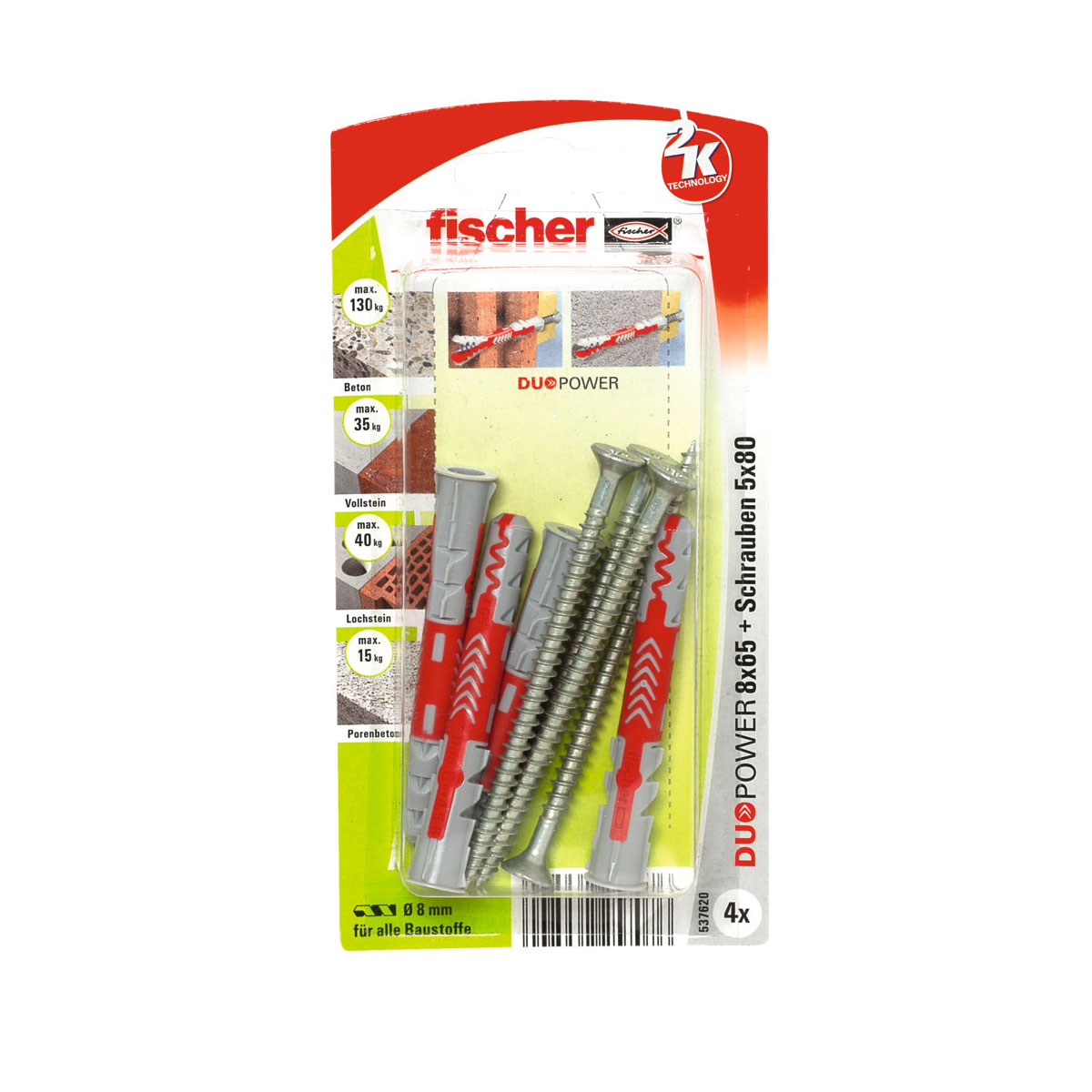 Fischer  Dübel DuoPower 8 x 65 mm mit Schraube 4 Stück