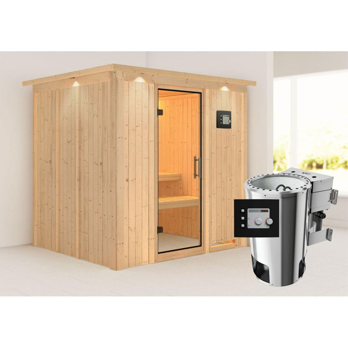 Karibu Sauna Daria Fronteinstieg 3,6 kW Bio Ofen externe Strg modern mit Kranz Klarglas-Tür Bild 7