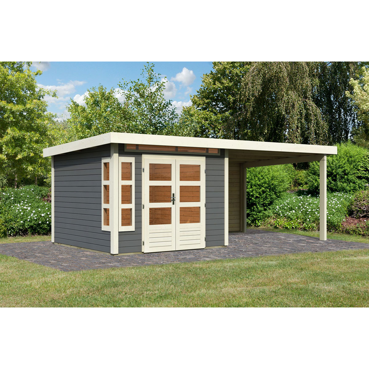 Karibu  Blockbohlenhaus Kastorf 6 terragrau mit Anbaudach und Rückwand Bild 1