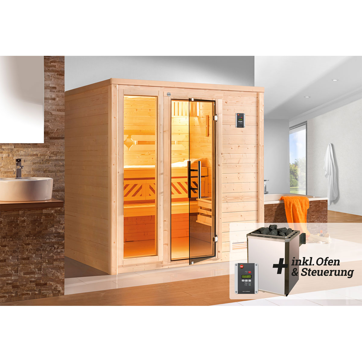 Weka  Premium Massivholz-Sauna Bergen Größe 2 Sparset 7,5 kW OS Glastuer Bild 2