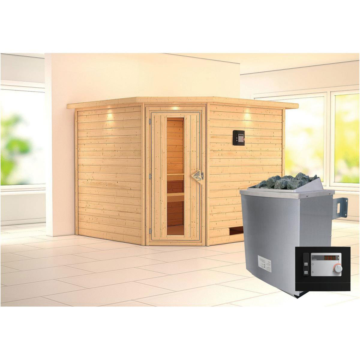 Karibu Sauna Leona Eckeinstieg 9 kW Ofen externe Strg mit Kranz Energiespartür Bild 7
