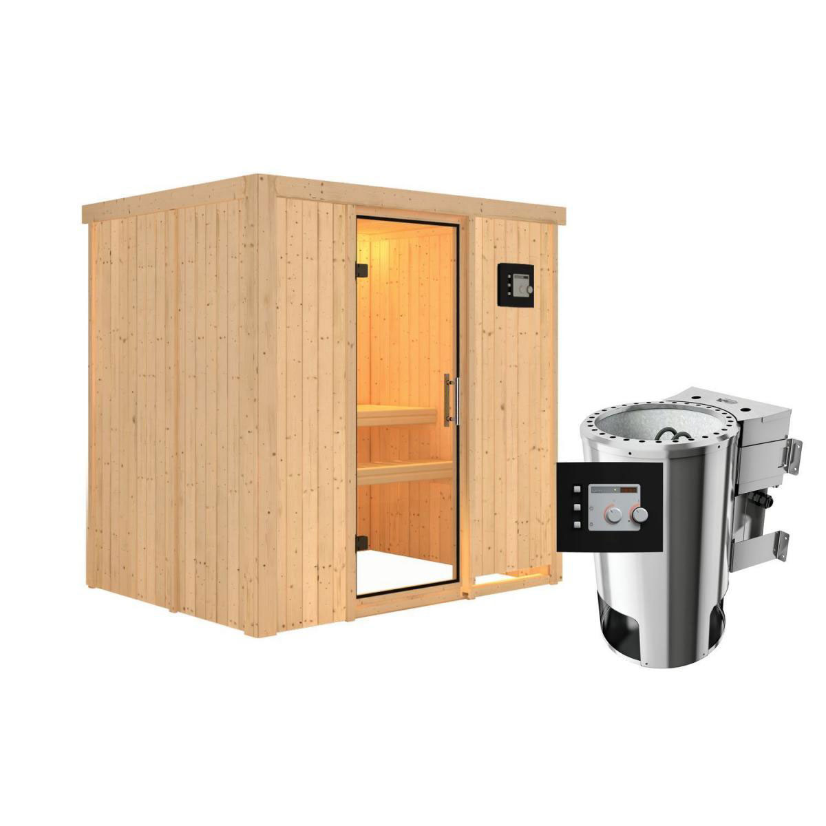 Karibu Sauna Fanja Fronteinstieg 3,6 kW Bio Ofen kein Kranz Klarglas-Tür Bild 1