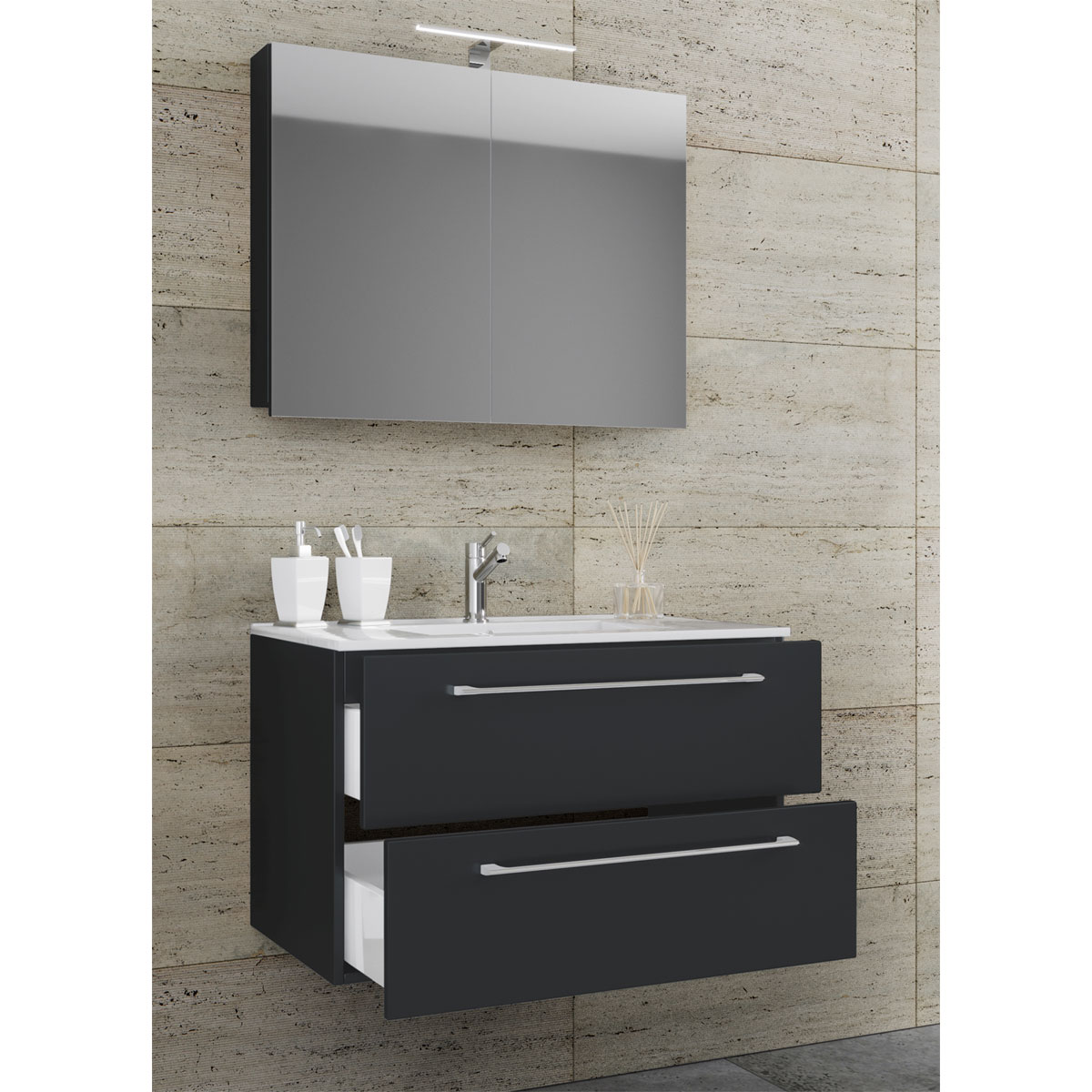 Waschplatz 60 cm 3-teilig 2 Schubfächer mit Spiegelschrank schwarz Bild 2