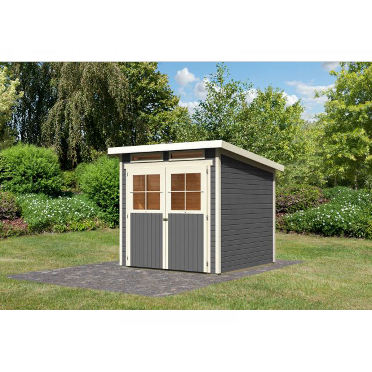 Karibu Gerätehaus Glücksburg 3 Set mit Schleppdach terragrau