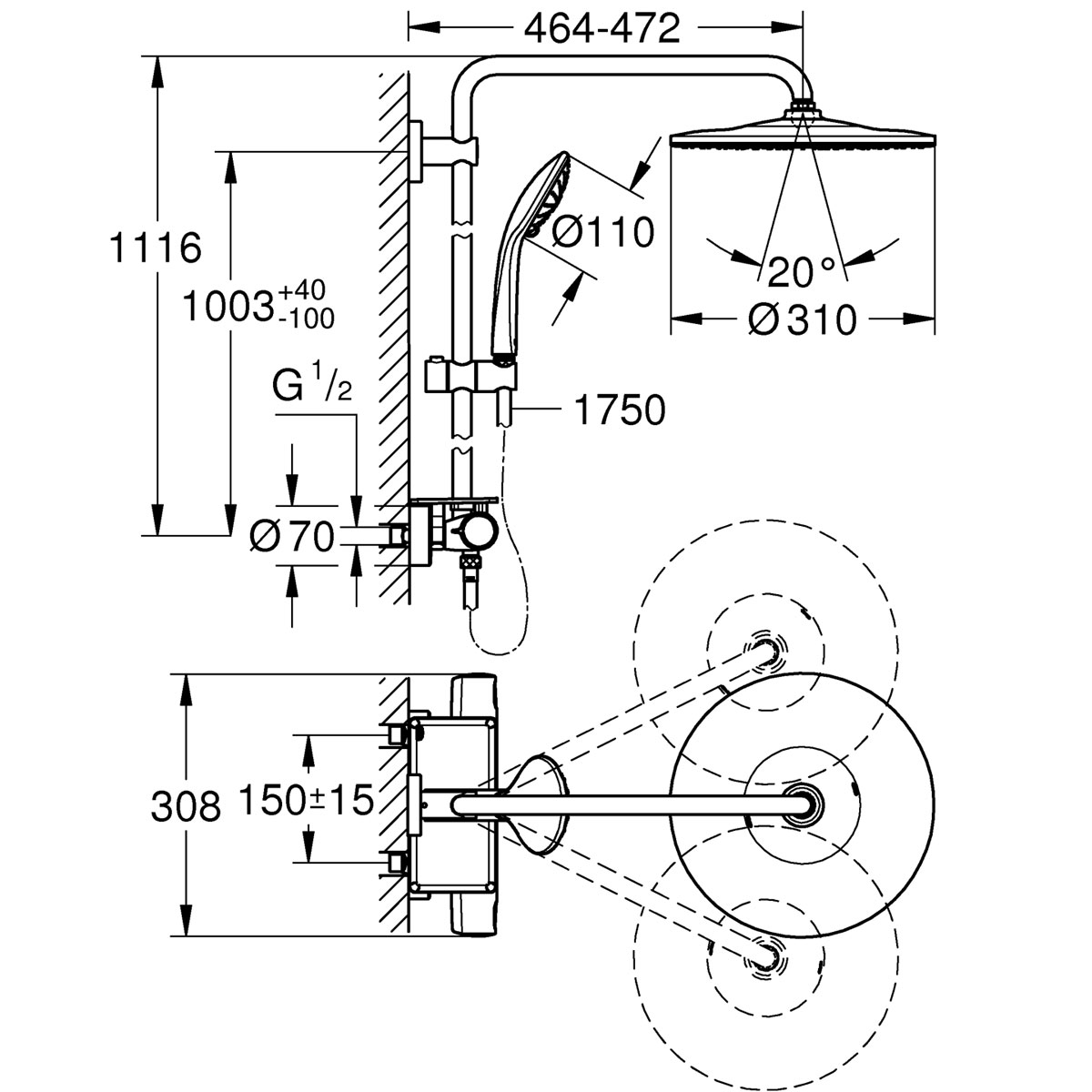 Grohe Duschsystem Vitalio Joy System 310  mit Thermostatbatterie für die Wandmontage Bild 2
