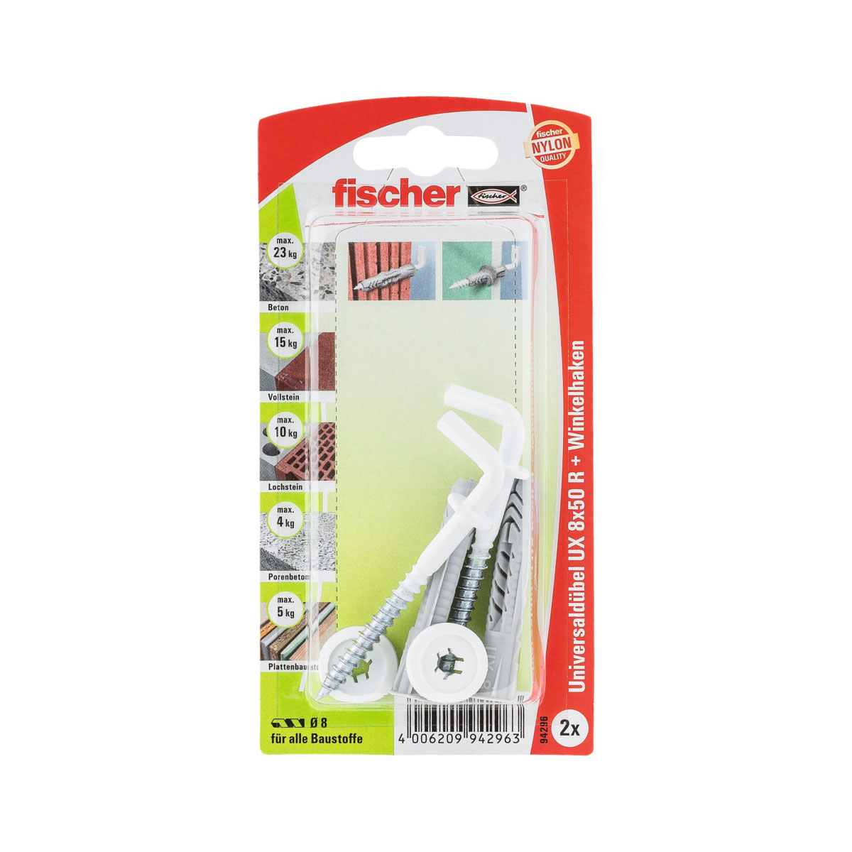 Fischer  Universaldübel UX 8 x 50 mm mit Winkelhaken nylonbeschichtet 2 Stück