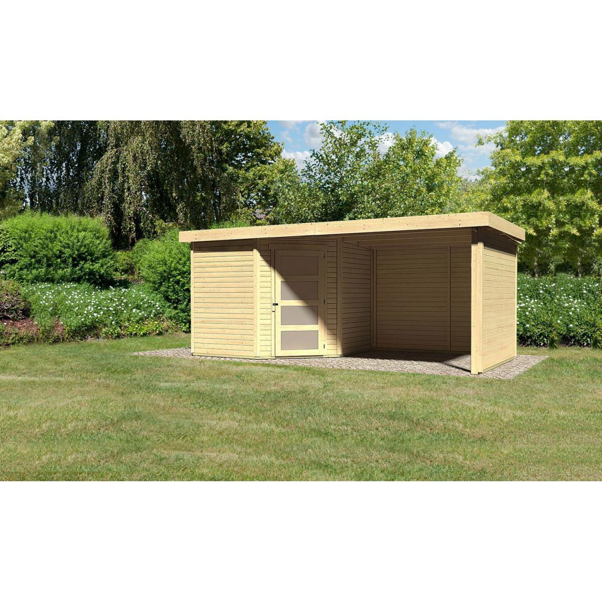 Karibu Gartenhaus Schwandorf 3/5 mit Anbaudach 260 cm und Seiten-/Rückwand 242 x 246 x 218 cm braun Bild 1