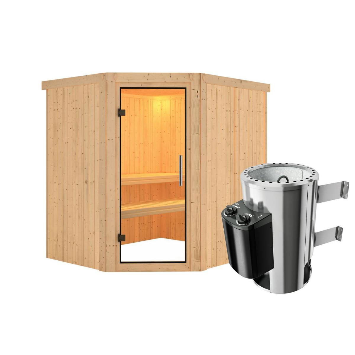 Karibu Sauna Lilja Eckeinstieg 3,6 kW Ofen integr Strg kein Kranz Klarglas-Tür Bild 2