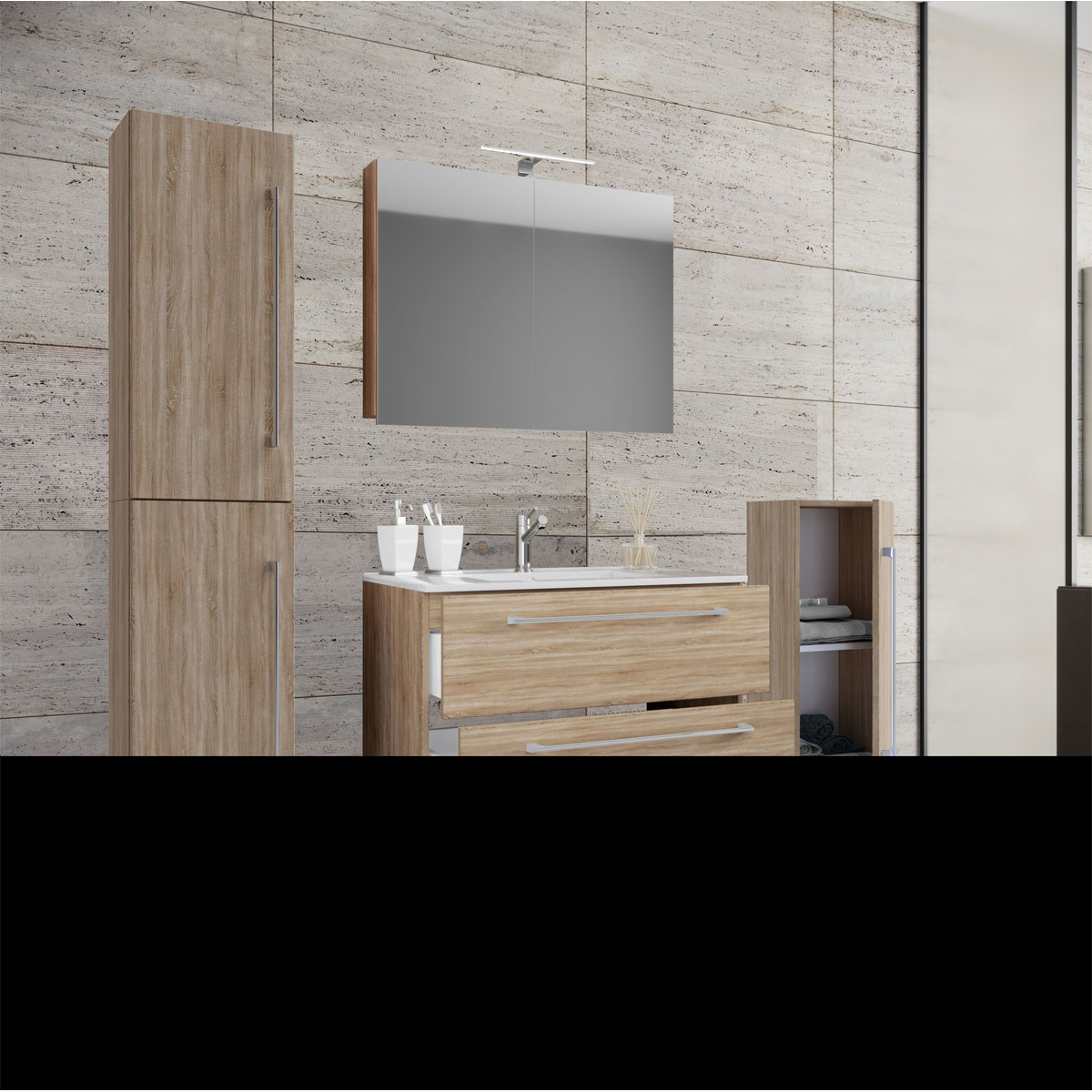 Waschplatz 80 cm 5-teiliges Set 2 Schubfächer mit Spiegelschrank Sonoma-Eiche