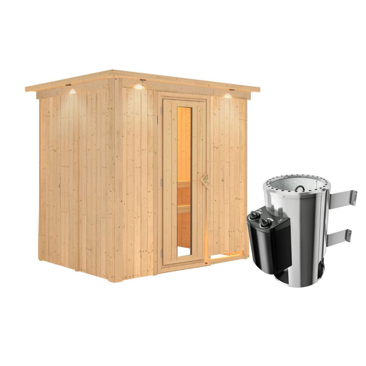 Karibu Sauna Fanja Fronteinstieg 3,6 kW Ofen integr Strg mit Kranz Energiespartür Bild 1