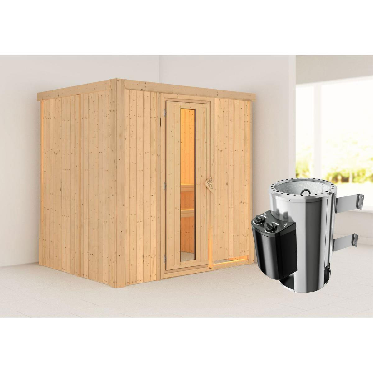 Karibu Sauna Fanja Fronteinstieg 3,6 kW Ofen integr Strg kein Kranz Klarglas-Tür Bild 5