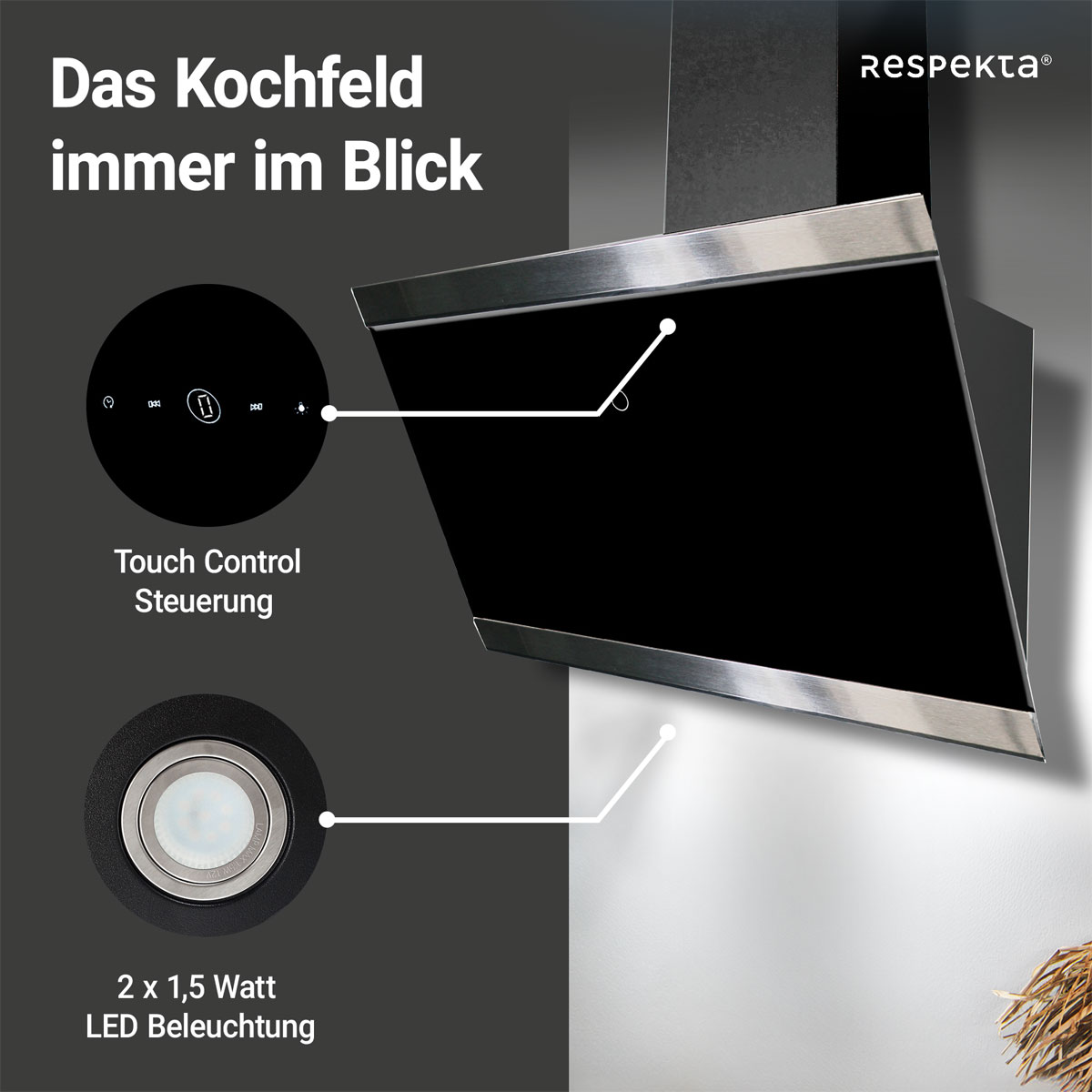 Respekta Haube Schwarz, 60 cm, EEK A++9 Leistungsstufen LED-Beleuchtung Bild 8
