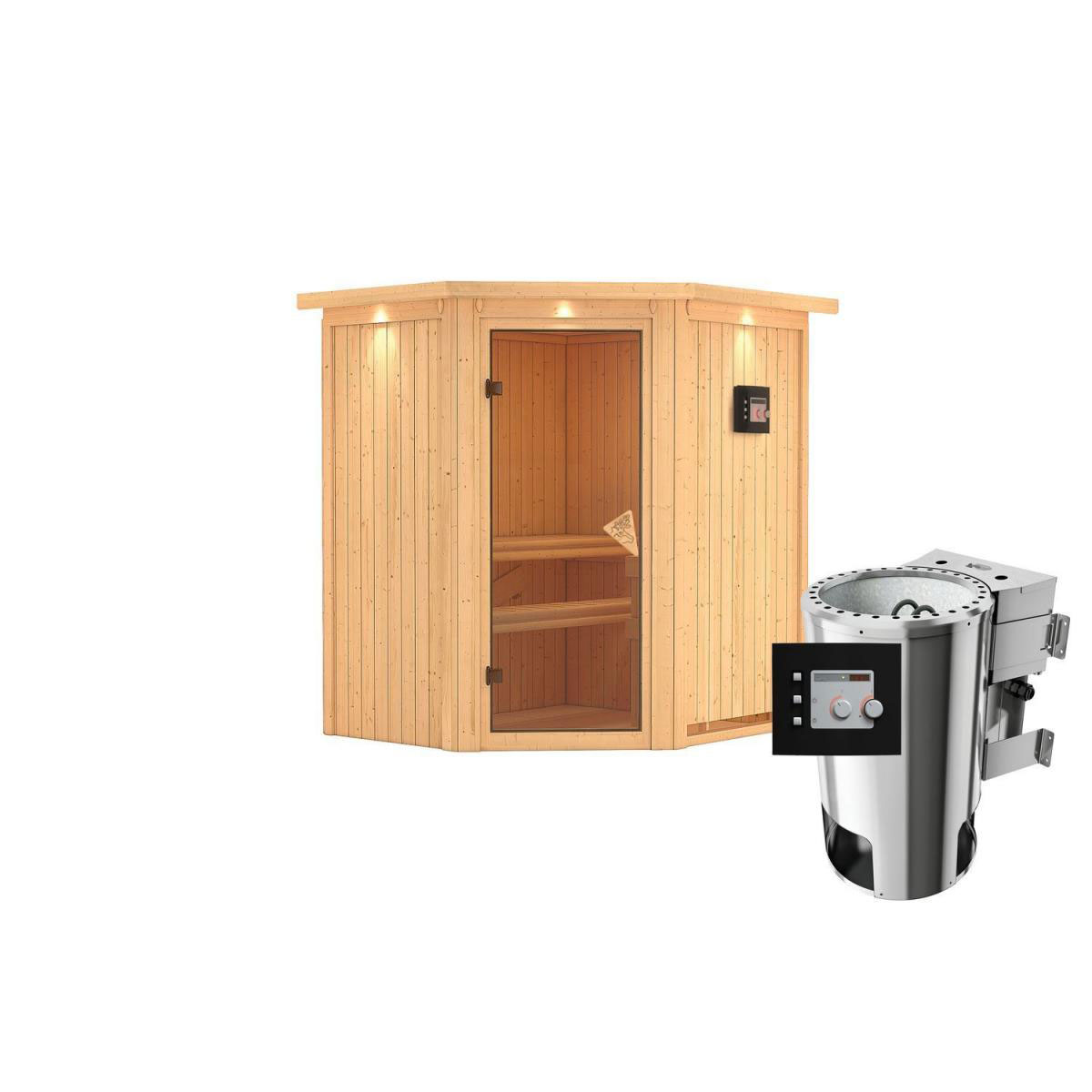 Karibu Sauna Tonja Eckeinstieg 3,6 kW Bio Ofen externe Strg modern mit Kranz graphitfarbene Glastür