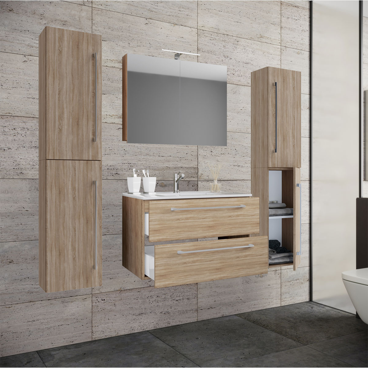 Waschplatz 60 cm 5-teiliges Set 2 Schubfächer mit Spiegelschrank Sonoma-Eiche Bild 2