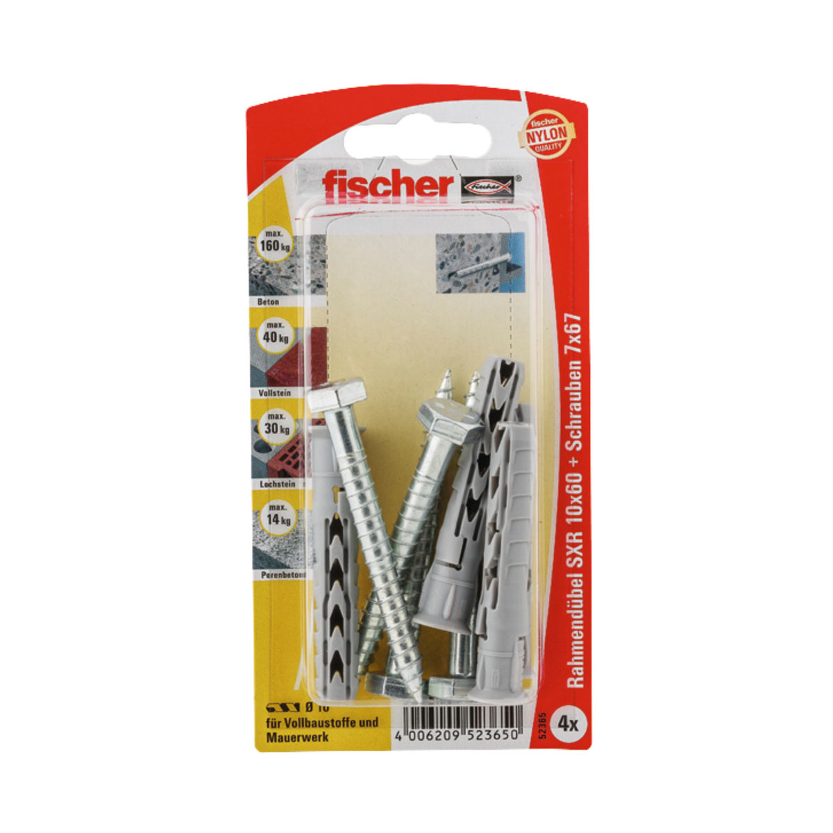 Fischer  Langschaftdübel SX R 10 x 60 mm mit Sechskantschraube 4 Stück