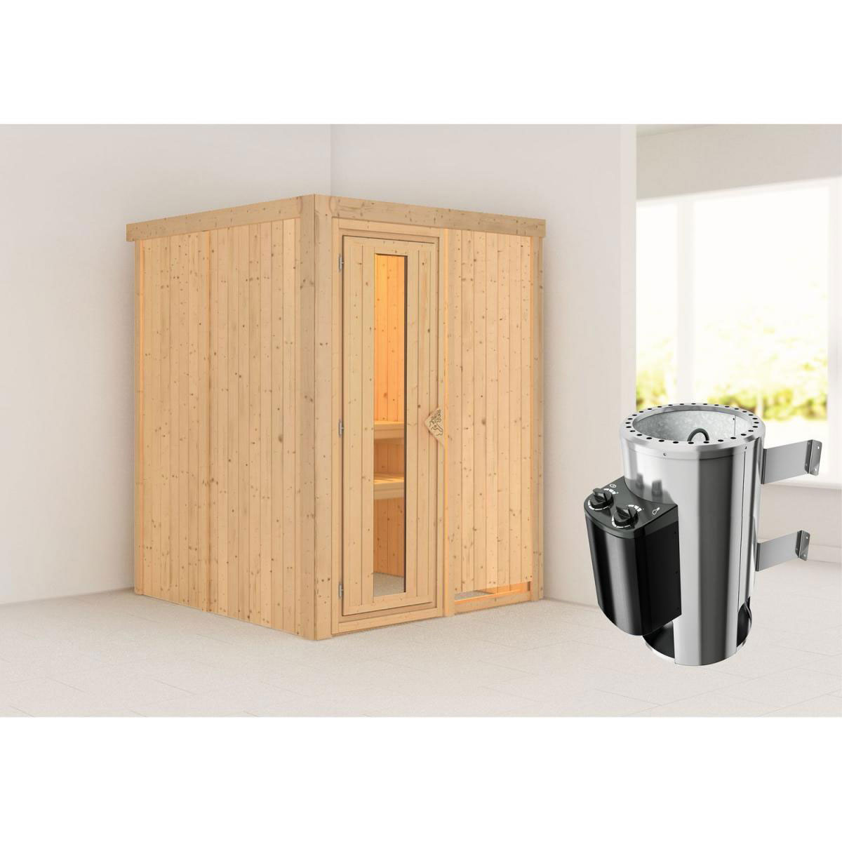 Karibu Sauna Minja Fronteinstieg 3,6 kW Ofen integr Strg kein Kranz Energiespartür Bild 5