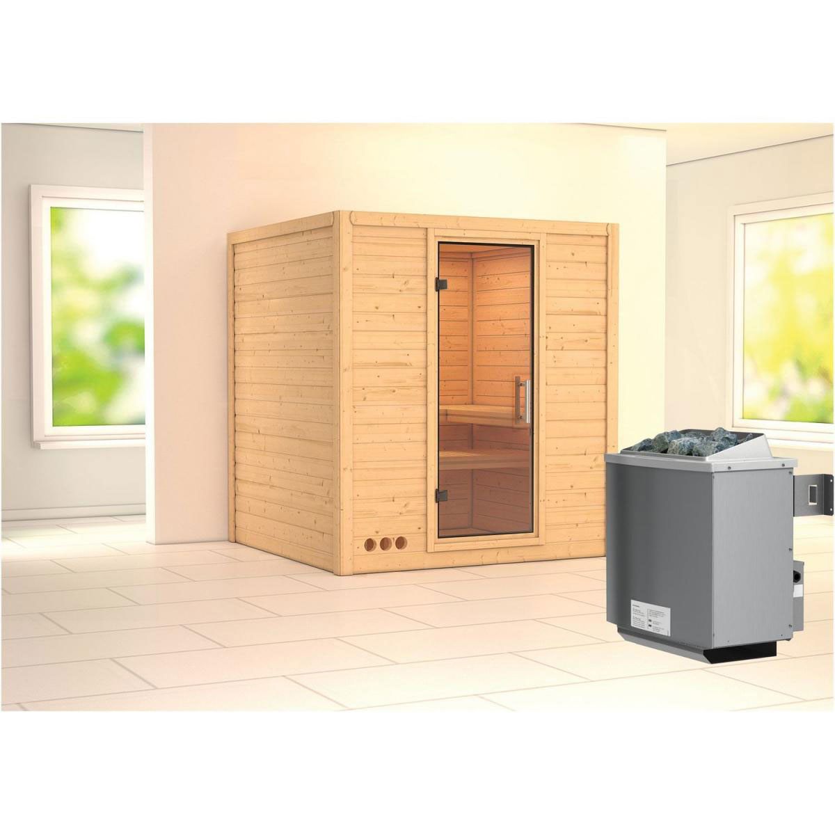 Karibu Sauna Mojave Fronteinstieg 9 kW Ofen integr Strg kein Kranz Klarglas-Tür Bild 4