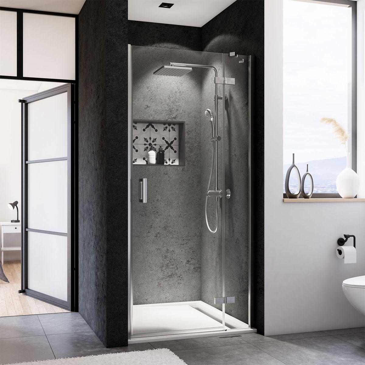 Breuer  Drehtür mit Festteil Panorama für Nische, Anschlag rechts, schwarz matt, Intima, 1200 mm