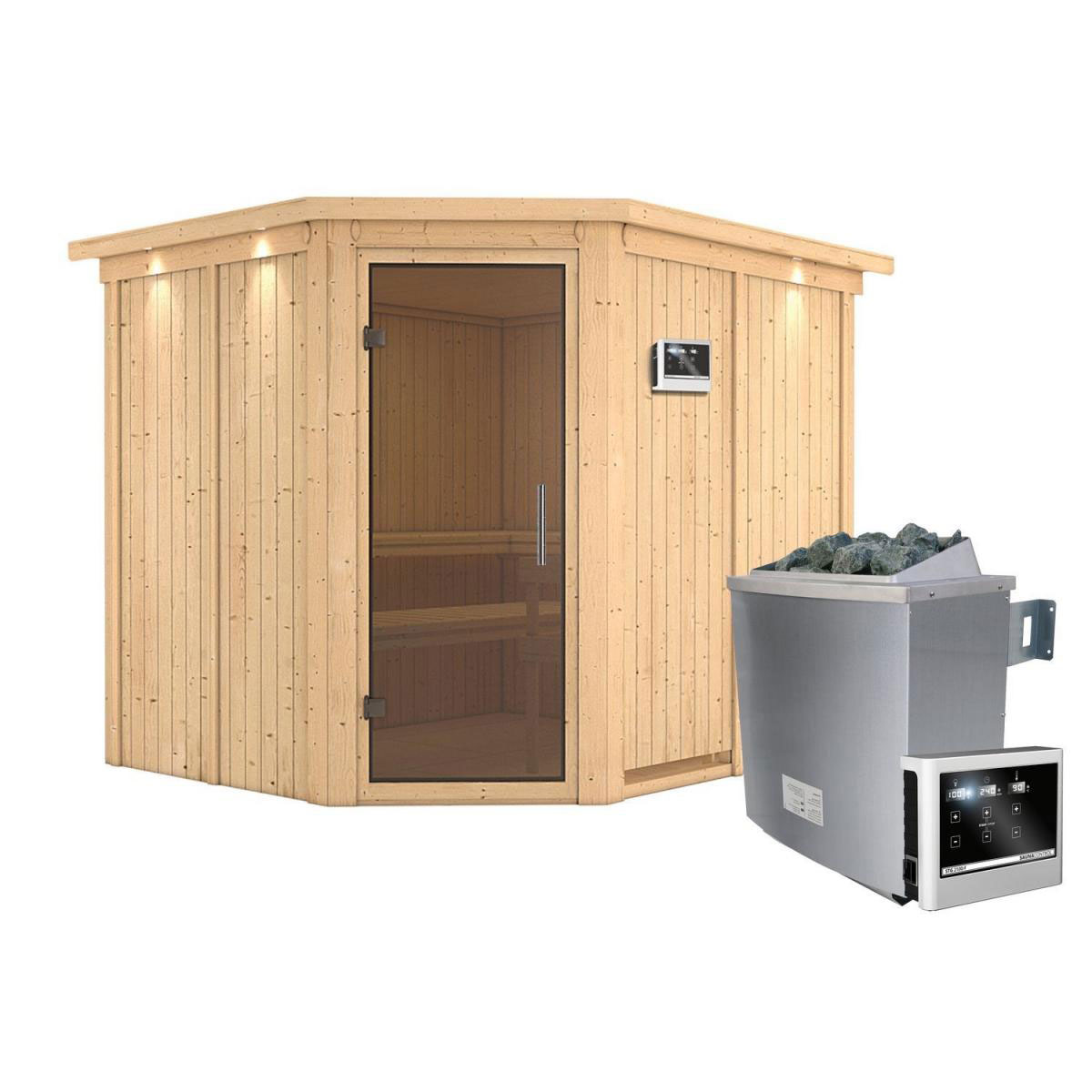 Karibu Sauna Malin Eckeinstieg 9 kW externe Strg modern Tür graphit mit Kranz Bild 2