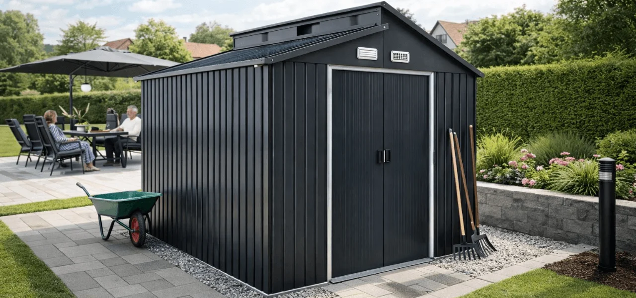 Modernes Metallgerätehaus im Garten mit Doppeltür und viel Stauraum für Gartengeräte; wetterfest, langlebig und ideal für eine aufgeräumte Außenanlage.