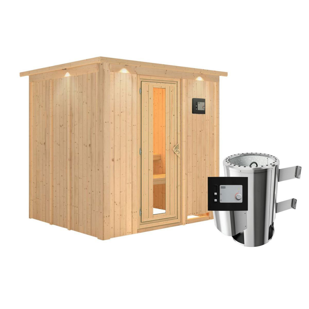 Karibu Sauna Daria Fronteinstieg 3,6 kW Ofen externe Strg mit Kranz Energiespartür Bild 1