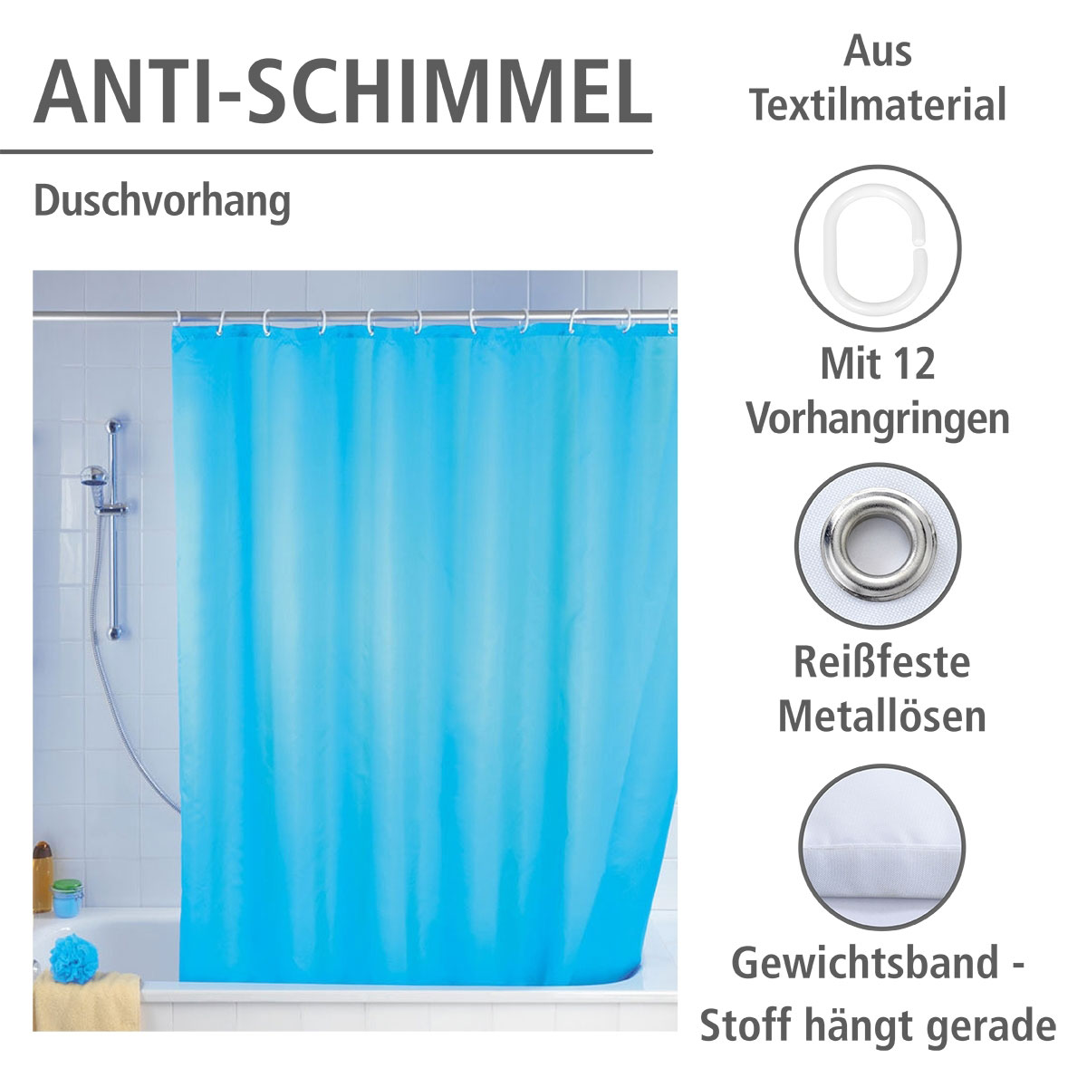 Wenko  Anti-Schimmel Duschvorhang Uni Light Blue Textil Polyester 180 x 200 cm waschbar Bild 2